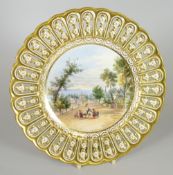 A SWANSEA SCENE MINTON CABINET PLATE with gilded pierced and fanned border, the centre painted
