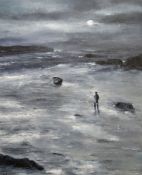 PETER JOHN JONES oil on canvas - solitary figure wading by the shore under moonlight, signed with