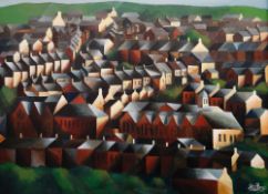 HUW BRYS oil on canvas - terraced houses and school in a South Wales valley, entitled verso 'Lower