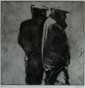 EURFRYN LEWIS limited edition (1/25) etching - two standing farmers, signed and dated 2011, 27 x