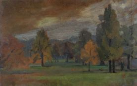 ALLAN GWYNNE JONES CBE DSO RA (1892-1982) oil on board - figure with Corgi dogs in a landscape