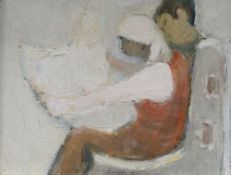 WILL ROBERTS oil on board - female figure reading a newspaper with companion, signed, entitled verso