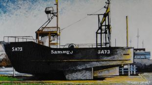 HOWELL DAVIES mixed media on board - study of a fishing vessel, entitled verso 'Sammy J -