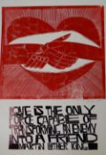 PAUL PETER PIECH two-colour lithograph - heart and handshake image with quote from Martin Luther