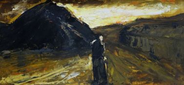 MICHAEL J STRANG oil on board - figure, terraced houses and slag heap, entitled verso 'Welsh