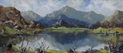 CHARLES WYATT WARREN oil on board - Snowdon from Llyn Padarn with silver birches in the
