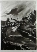 SIR KYFFIN WILLIAMS RA limited edition (90/250) inkwash print - cottages in a lane, signed with