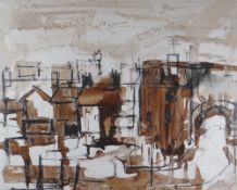 GWILYM PRICHARD mixed media on linen - a study of buildings, signed in pencil, 39 x 49cms (framed