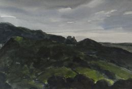 SIR KYFFIN WILLIAMS RA watercolour - Harlech Castle and distant coastline with brooding landscape in
