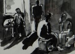 JOSEF HERMAN pen and inkwash - interior scene with figures with standing figure at the door,