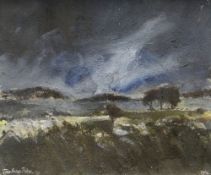 JOHN KNAPP-FISHER oil on board - windswept landscape with distant trees, entitled verso 'Channel