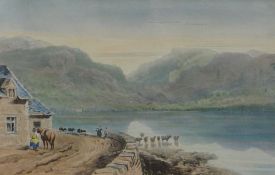 DAVID COX watercolour - figures on a track with building and cattle with mountains beyond, title
