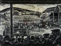 ARTHUR CHARLTON (1917-2007) wood engraving - a football match at the Vetch Field, Swansea with