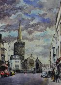 GRAHAM BROOKS watercolour - street scene with figures, entitled verso 'St Mary's Church, Tenby',
