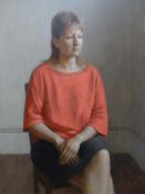 HARRY HOLLAND oil on board - portrait of a seated lady in pink shirt, entitled 'Sue', signed, 80 x