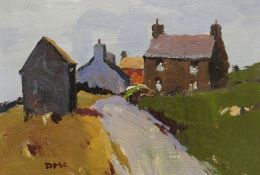 DONALD McINTYRE oil on board - cottages by a lane, signed with initials, 21.5 x 32cms (framed and