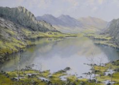 CHARLES WYATT WARREN oil on board - expansive Snowdonia landscape with lake, mountains and shore