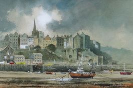 DAVID BELLAMY watercolour - Tenby town from the shoreline with boats, signed, 27 x 41cms (framed and