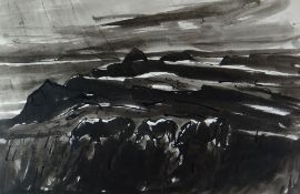 SIR KYFFIN WILLIAMS RA inkwash - Bristol Channel coastal scene South Wales with three grazing
