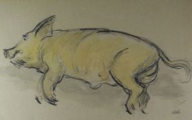 SIR KYFFIN WILLIAMS RA pencil and wash - study of a reclining boar, signed with initials and