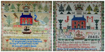 TWO FRAMED VICTORIAN WELSH WOOL SAMPLERS WORKED BY TWO GENERATIONS OF AN ANGLESEY FAMILY both of