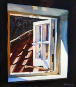 ROB PIERCY watercolour - interior scene with open window and rooftop, entitled verso '