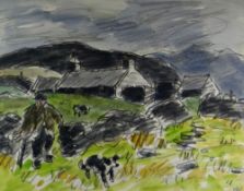 SIR KYFFIN WILLIAMS RA watercolour and pencil - upland Snowdonia farm with farmer and two sheep