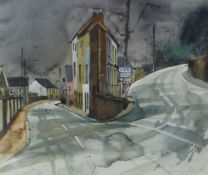 JOHN CLEAL watercolour - quiet South Wales streets at night with signpost, signed, 19 x 23cms (