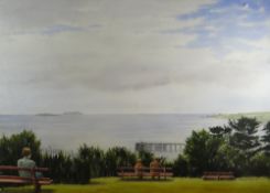 GRAHAM BROOKS watercolour - panoramic coastal view with figures on benches admiring the view,