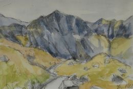 GWYN ROBERTS watercolour and pencil - Snowdonia landscape entitled 'Y Llwybr i Cwm Idwal', signed,