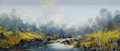 CHARLES WYATT WARREN oil on board - Welsh river scene with silver birches, signed in full, 23 x 54