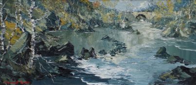 CHARLES WYATT WARREN oil on board - river scene with distant bridge, signed, 23 x 53cms