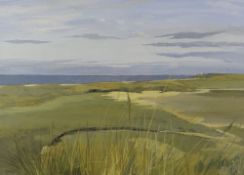 JOHN PELL gouache - coastal landscape with distant beacon, entitled verso 'Llanddwyn From