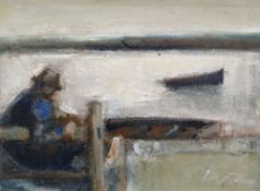 WILL ROBERTS oil on canvas - single seated figure beside the water with single boat, entitled
