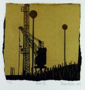 SARA HOPKINS limited edition (10/20) gold leaf screen print - silhouetted crane, entitled 'Docks