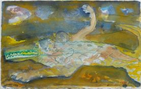 JOHN SELWAY watercolour - humorous illustration of a crocodile with two embracing nude figures