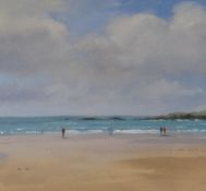 GARETH THOMAS oil on card - beach scene with figures, entitled verso 'Sun and Sea, Rhosneigr',