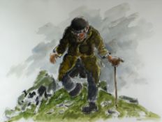 SIR KYFFIN WILLIAMS RA watercolour and pencil - study of an old farmer and sheep dog descending from