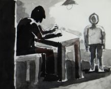 JOSEF HERMAN pen and inkwash - interior scene with boy standing under a lamp beside an adult