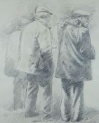 ANEURIN JONES pencil drawing - three standing farmers, signed, 40 x 32cms (framed and glazed)