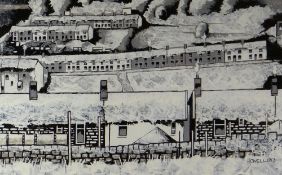 HOWELL DAVIES monochrome acrylic - snow scene with terraced houses, entitled verso 'Winter,