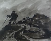 SIR KYFFIN WILLIAMS RA inkwash - dramatic Snowdonia scene with farmer and two sheep dog on