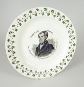 A DILLWYN POTTERY COMMEMORATIVE PLATE FOR JAMES TEAR, PRESTON and inscribed 'The indefatigable