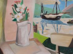 EMRYS WILLIAMS oil on canvas box frame (unframed - no glass) - vase of flowers by a window with