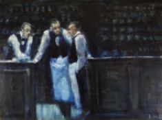 LUCY DICKENS oil on canvas - three restaurant worker figures in uniform talking at the bar, entitled