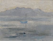IOLA STAFFORD oil on board - Menai Straits with single fishing boats, entitled verso 'Blue Boat',