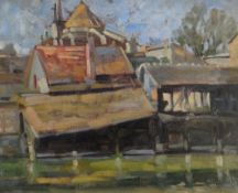 JOHN CYRLAS WILLIAMS (1902-1965) oil on canvas - French village scene, 44 x 53cms (framed and