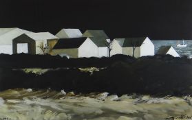 JOHN KNAPP-FISHER mixed media - coastal scene with buildings and boats, entitled verso 'Buildings