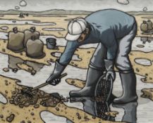 ALAN WILLIAMS acrylic on panel - figure working on a shoreline, entitled 'Cockle Picker', signed, 49