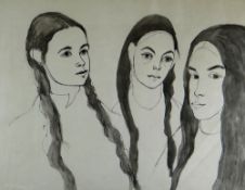 BRENDA CHAMBERLAIN pen and ink - portrait study of three girls with Tegfryn Art Gallery label